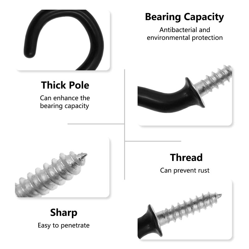PHITUODA 50Pcs 1-Inch Cup Hooks Ceiling Hooks, Plastic-Covered Metal Screw-in Hooks, Black - Image 3